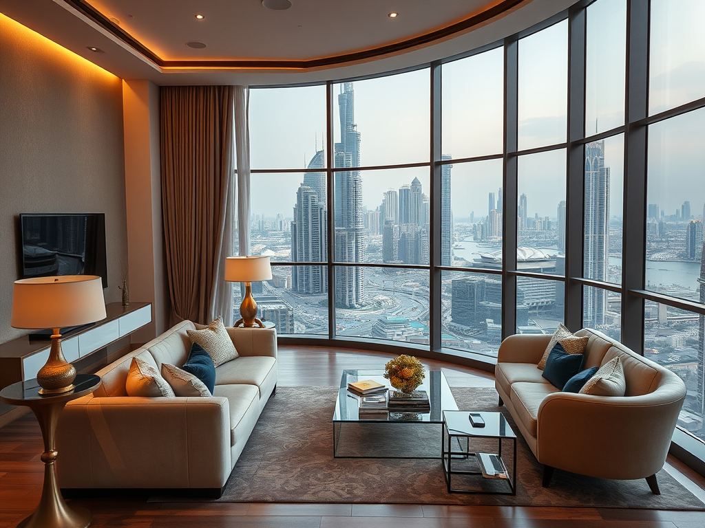 A stylish living room features modern furniture and a panoramic view of a city skyline through large windows.