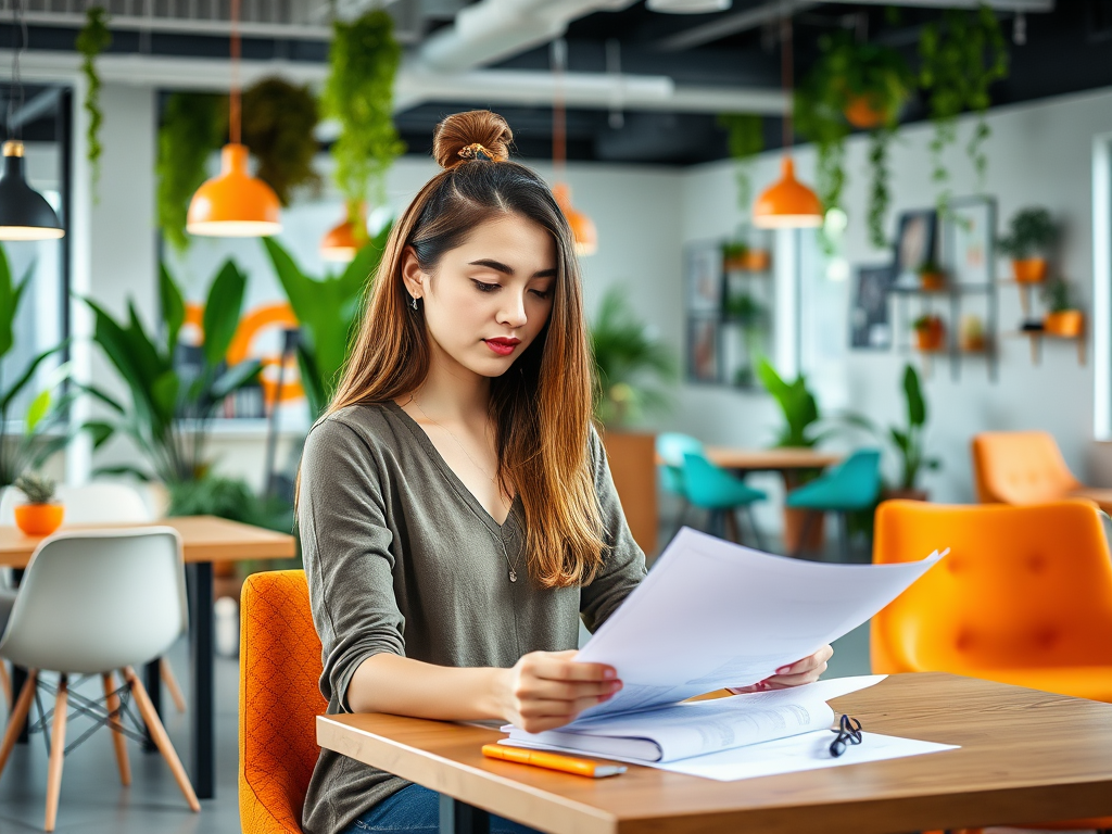 A young woman sits at a table in a vibrant cafe, reviewing documents with a focused expression.