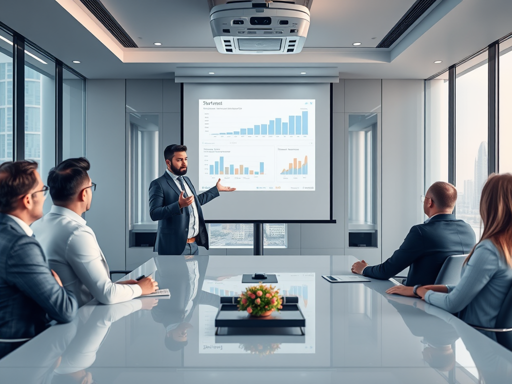 A business meeting in a modern office, with a presenter discussing graphs and data in front of attentive colleagues.