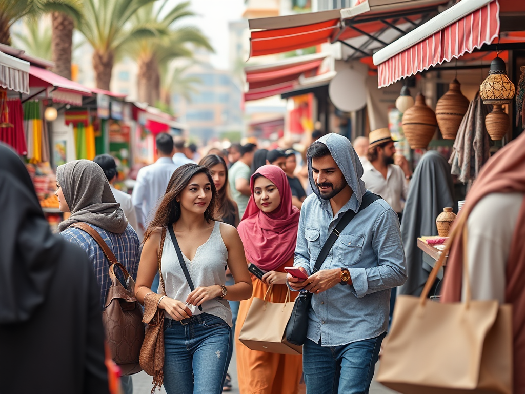 A lively market scene with diverse people walking among colorful stalls and palm trees in the background.