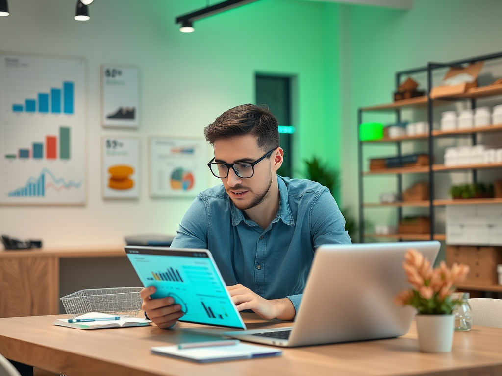 A man in a blue shirt studying graphs on a tablet at a desk with a laptop and plants in a modern office.