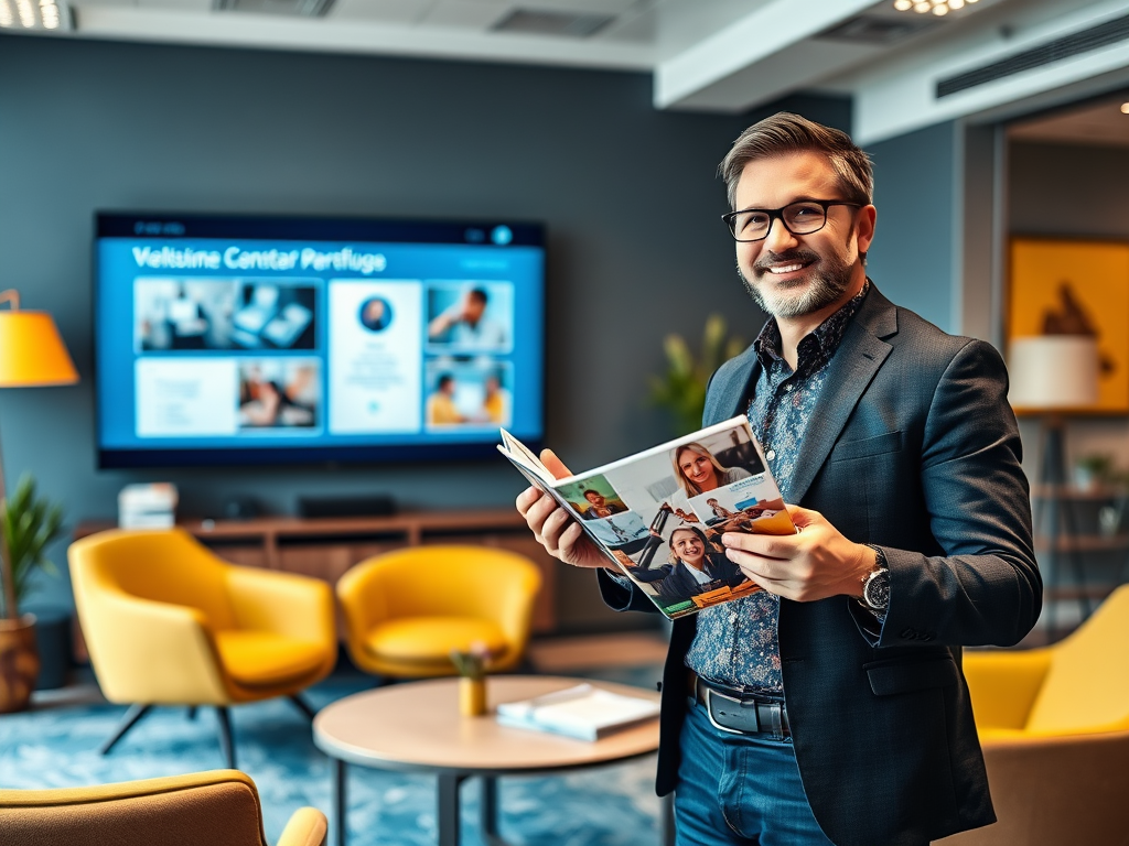 A smiling man in a suit holds a magazine, standing in a modern office with yellow chairs and a large screen in the background.