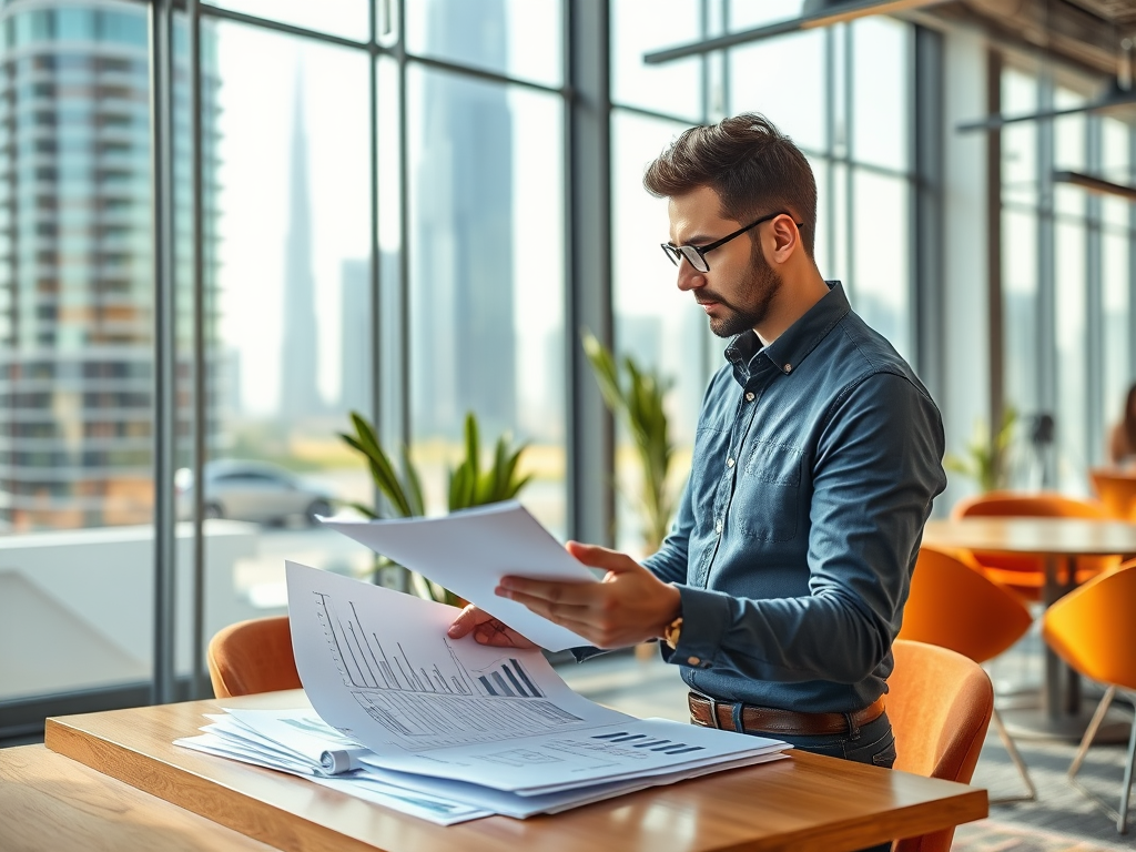 A man in a blue shirt reviews documents and charts at a table in a modern office with large windows.