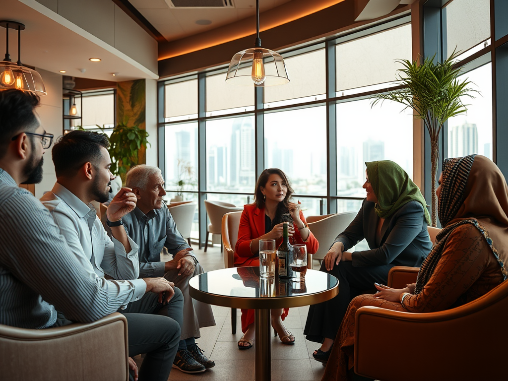 A group of six people engaged in conversation at a stylish cafe with city skyline views.