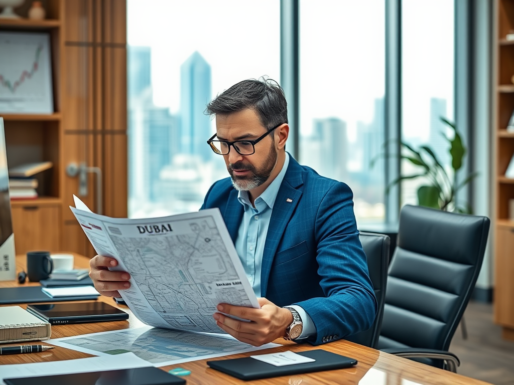 A businessman in a blue suit examines a Dubai map in a modern office with city views through large windows.