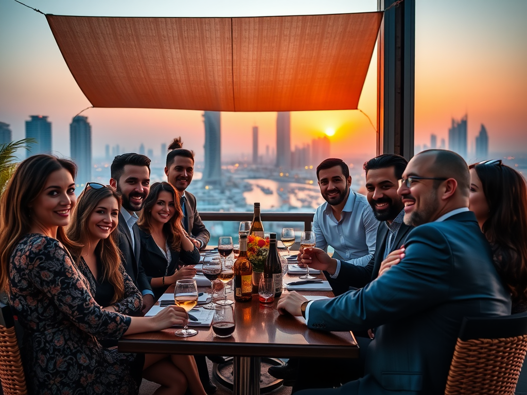 A group of friends enjoying dinner at sunset on a rooftop, with a city skyline and drinks on the table.