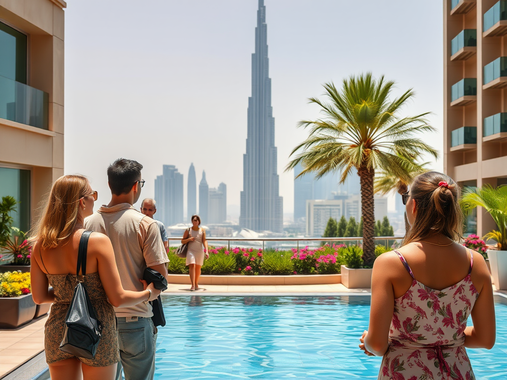 A group of people stand by a pool, admiring the view of a tall skyscraper and city skyline in the background.