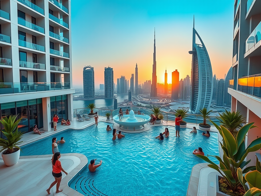 A rooftop pool with people enjoying the sunset and skyline views of Dubai, featuring iconic buildings like Burj Khalifa.