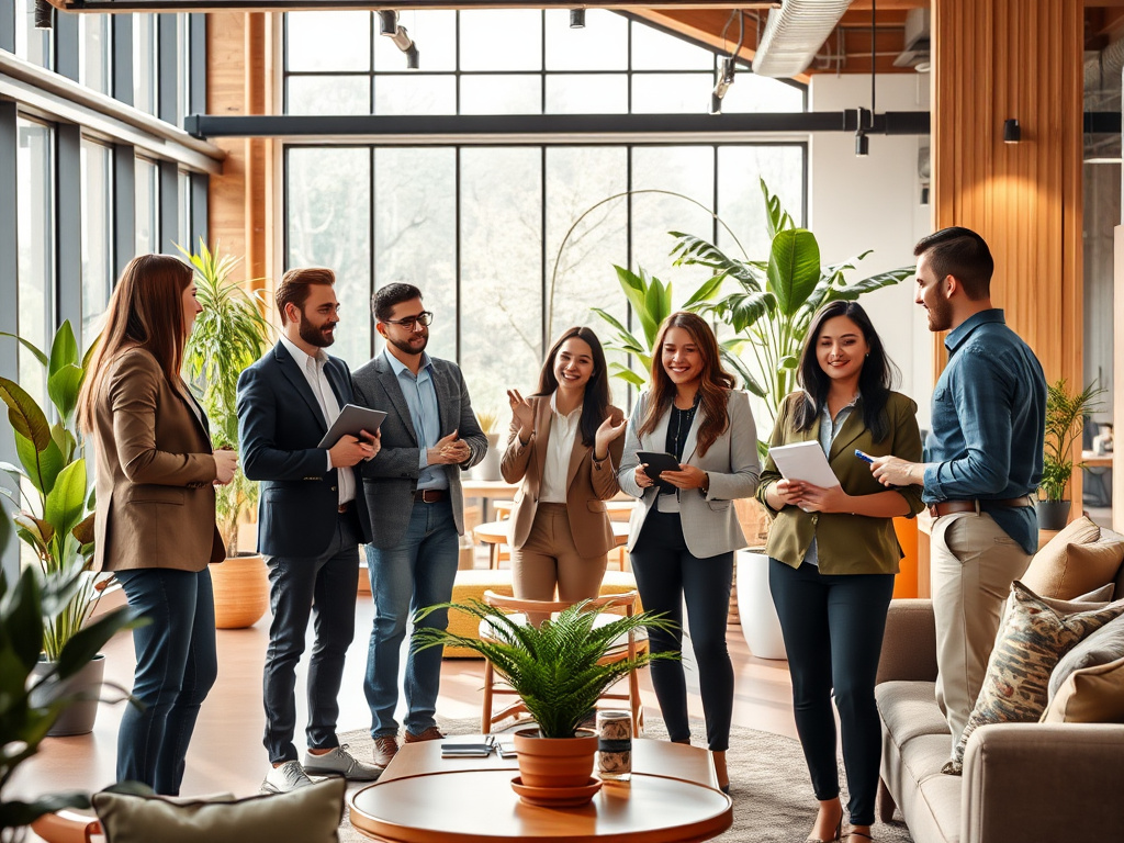 A diverse group of professionals engaged in discussion, surrounded by plants in a modern, sunlit office space.