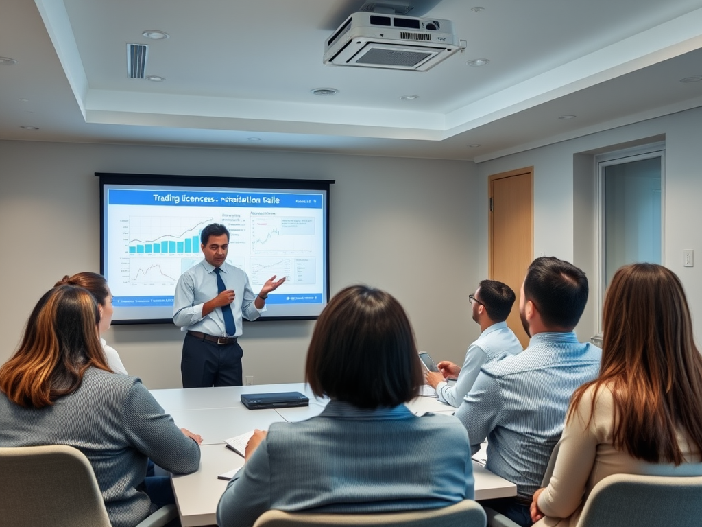 A man presents data on trading licenses to an audience in a conference room with graphs displayed on a screen.