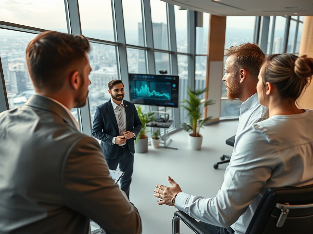 A business meeting in a modern office with a presenter engaging three attendees, cityscape visible through the windows.