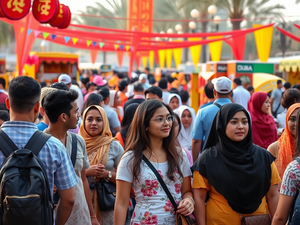 A diverse crowd of people enjoying a festive outdoor market with colorful decorations and stalls.