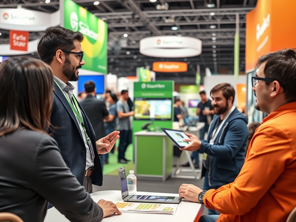 A group of professionals engages in a discussion at a busy exhibition booth. Laptops and tablets are present on the table.