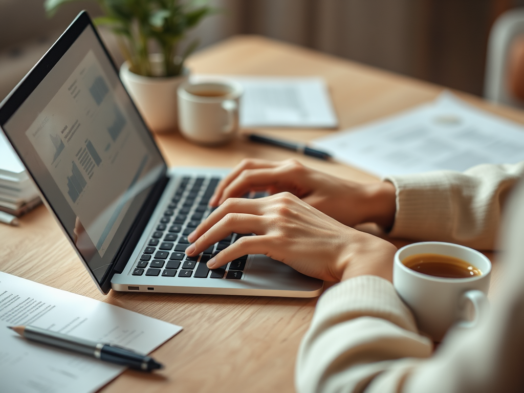 A person's hands typing on a laptop, surrounded by charts, papers, and a cup of coffee on a wooden desk.